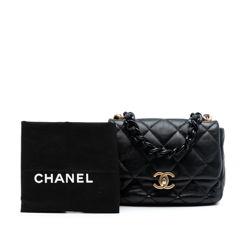 Chanel AB Chanel Black Lambskin Leather Leather Mini Quilted Lambskin Lacquered Chain Flap Italy