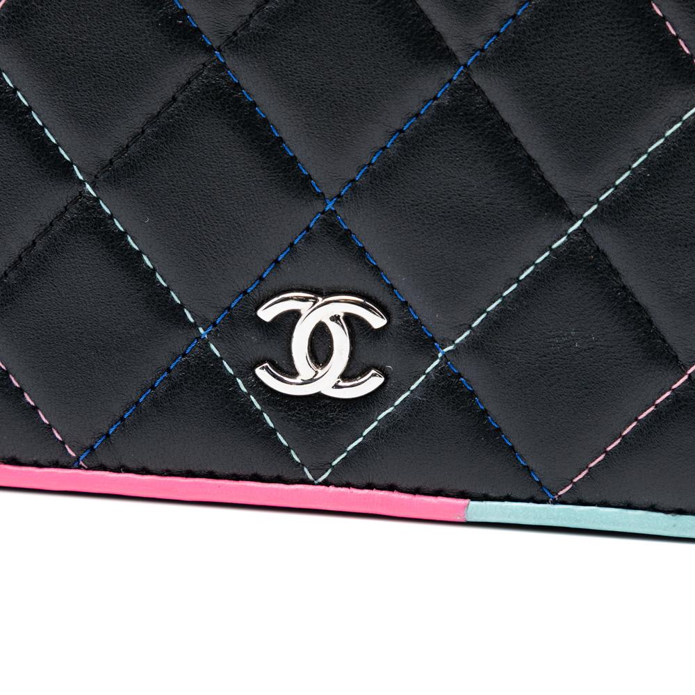 Chanel Black CC Quilted Lambskin Multicolor Border Full Flap Wallet on Chain Italy