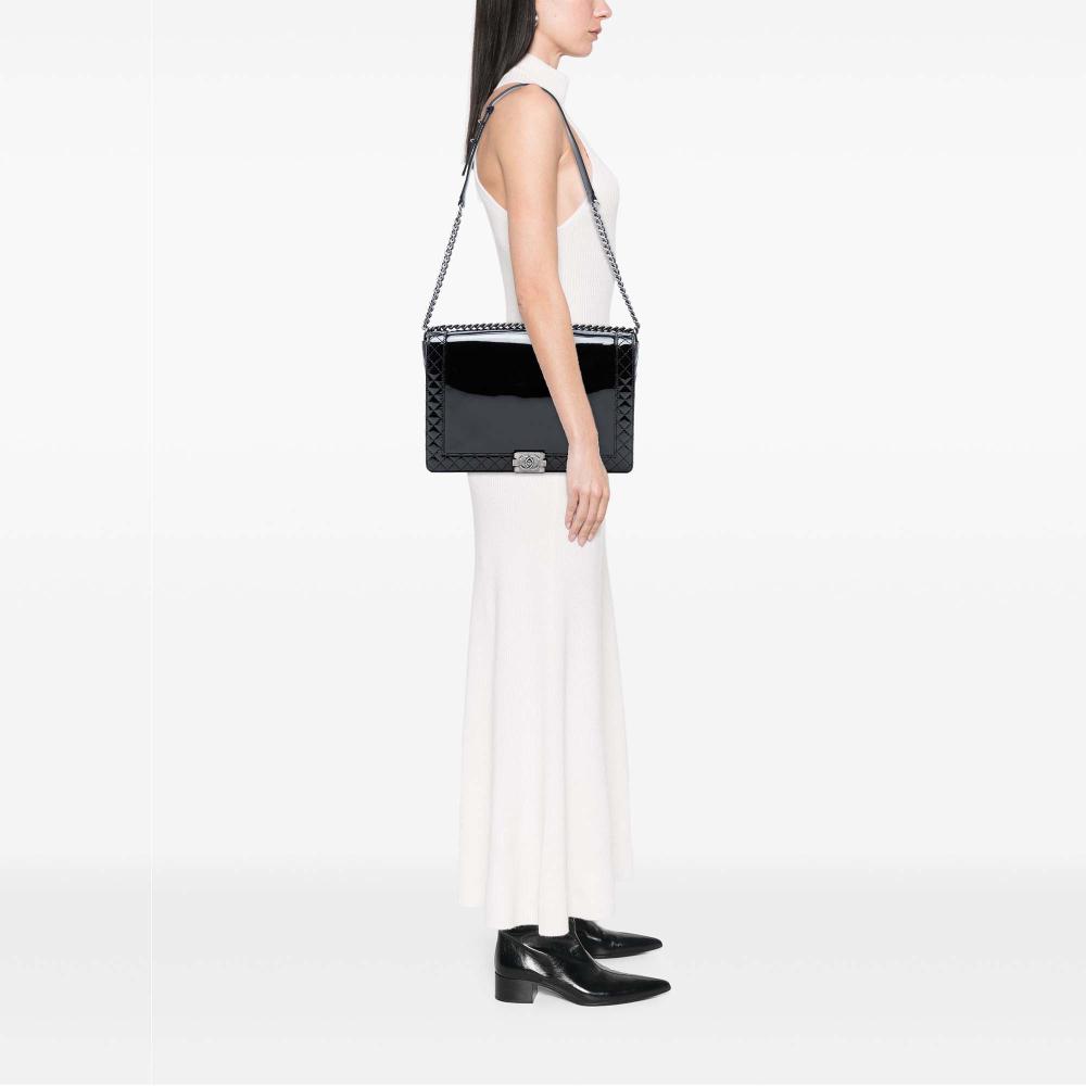 Chanel AB Chanel Black Patent Leather Leather Extra Large Patent Boy Reverso Flap France