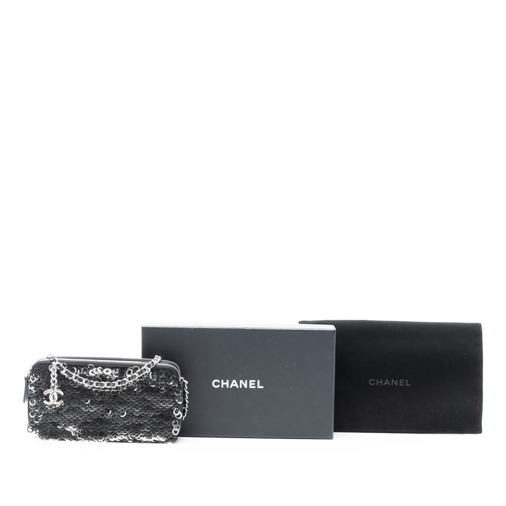 Chanel AB Chanel Black Calf Leather CC skin and Sequin Double Zip Wallet on Chain Italy