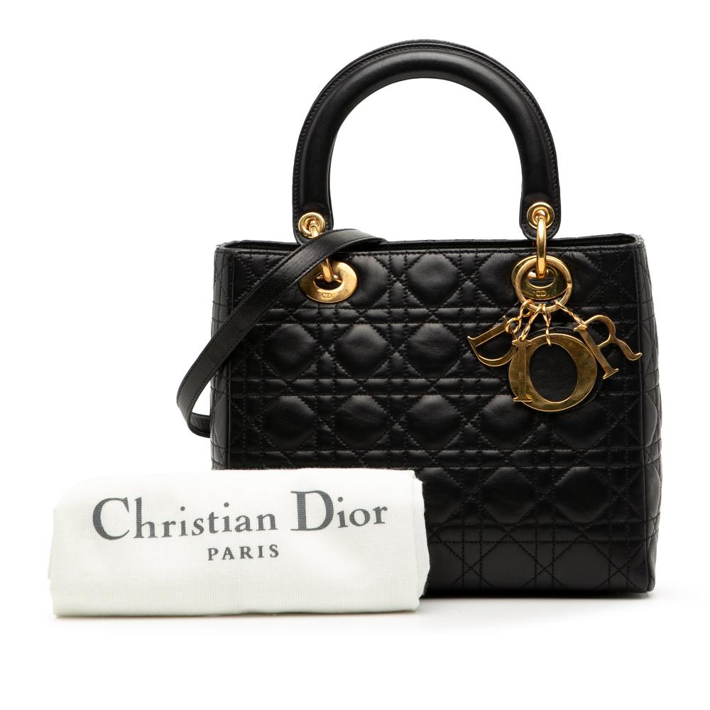 Christian Dior B Dior Black Lambskin Leather Leather Medium Lambskin Cannage Lady Dior Italy