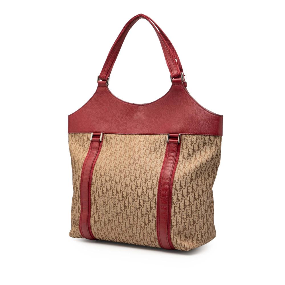 Christian Dior B Dior Brown Beige with Red Canvas Fabric Diorissimo Trotter Street Chic Tote Italy
