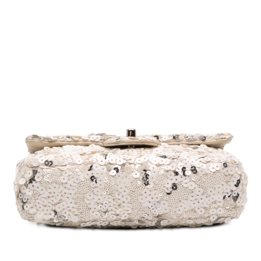 Chanel B Chanel White Ivory Canvas Fabric Mini Rectangular Classic Sequin Single Flap Italy