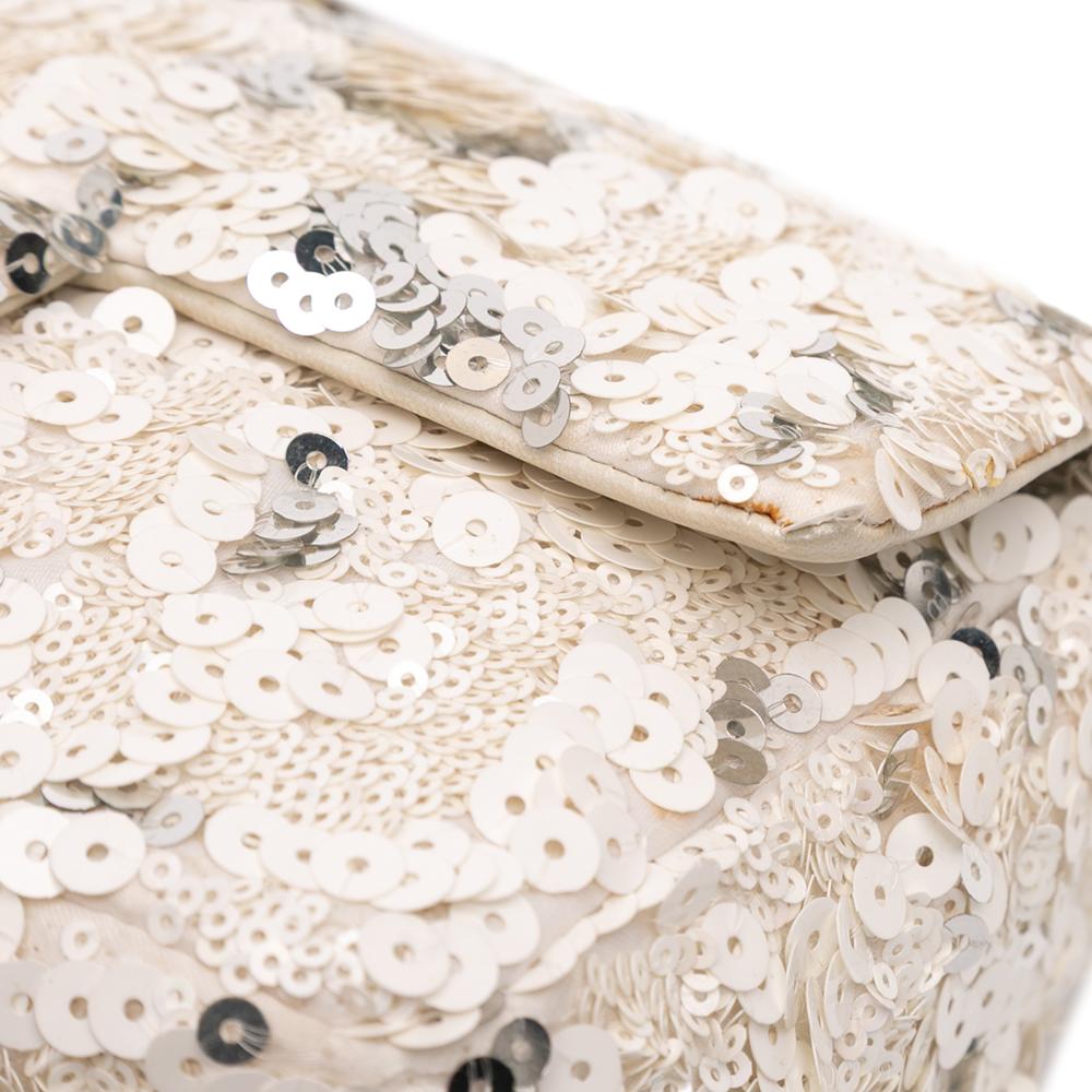 Chanel B Chanel White Ivory Canvas Fabric Mini Rectangular Classic Sequin Single Flap Italy