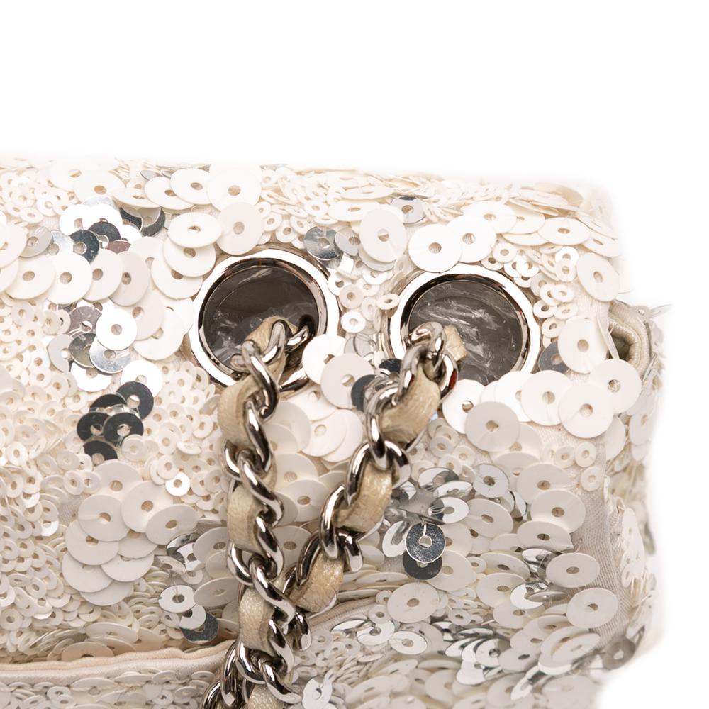 Chanel B Chanel White Ivory Canvas Fabric Mini Rectangular Classic Sequin Single Flap Italy