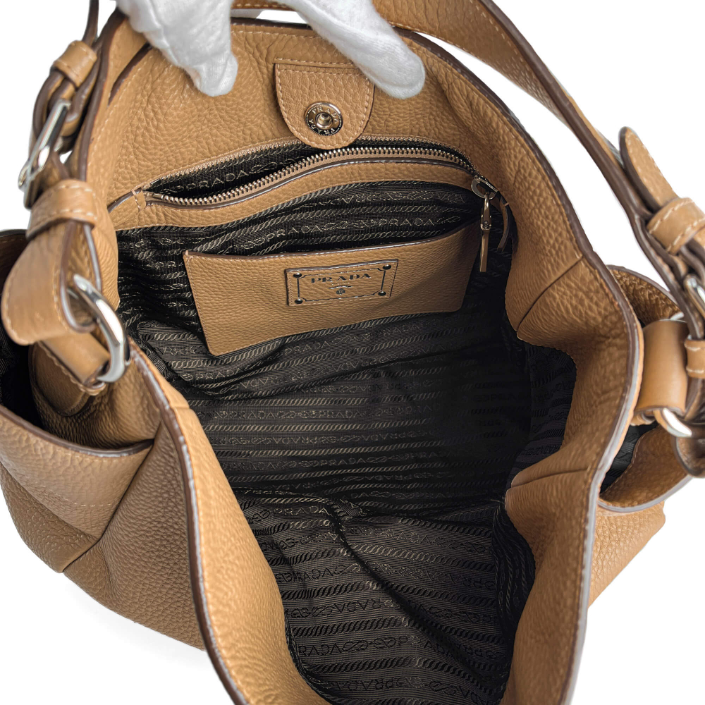 Prada Hobo Daino Leather Shoulder Bag Beige