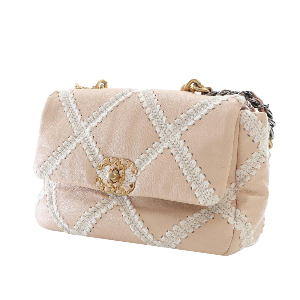 Chanel AB Chanel Brown Beige with White Ivory Calf Leather Medium Crochet skin 19 Flap Italy