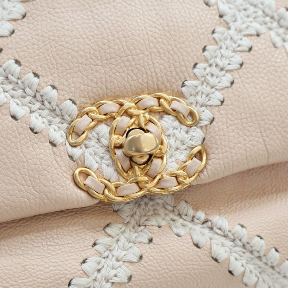 Chanel AB Chanel Brown Beige with White Ivory Calf Leather Medium Crochet skin 19 Flap Italy