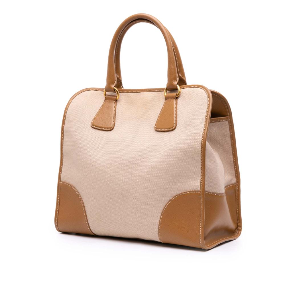 Prada B Prada Brown Beige Canvas Fabric Saffiano Trimmed Canapa Satchel Italy