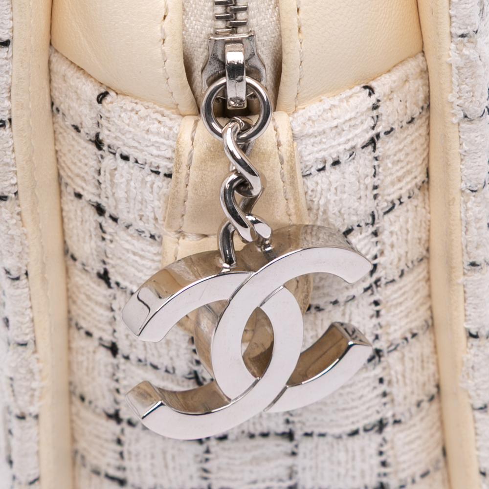 Chanel B Chanel White Ivory with Brown Light Beige Tweed Fabric and Resin Zipped Shopping Bag France