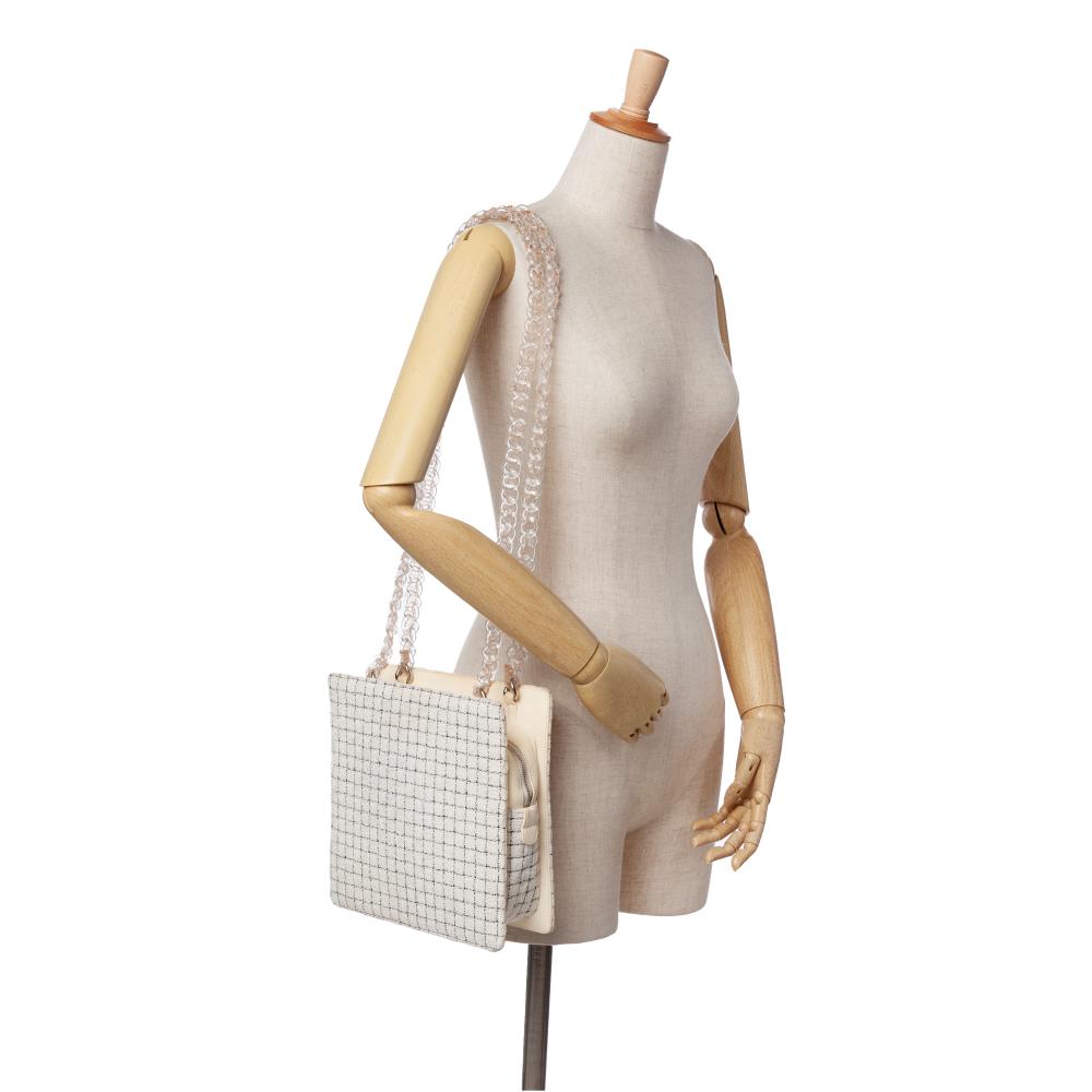 Chanel B Chanel White Ivory with Brown Light Beige Tweed Fabric and Resin Zipped Shopping Bag France
