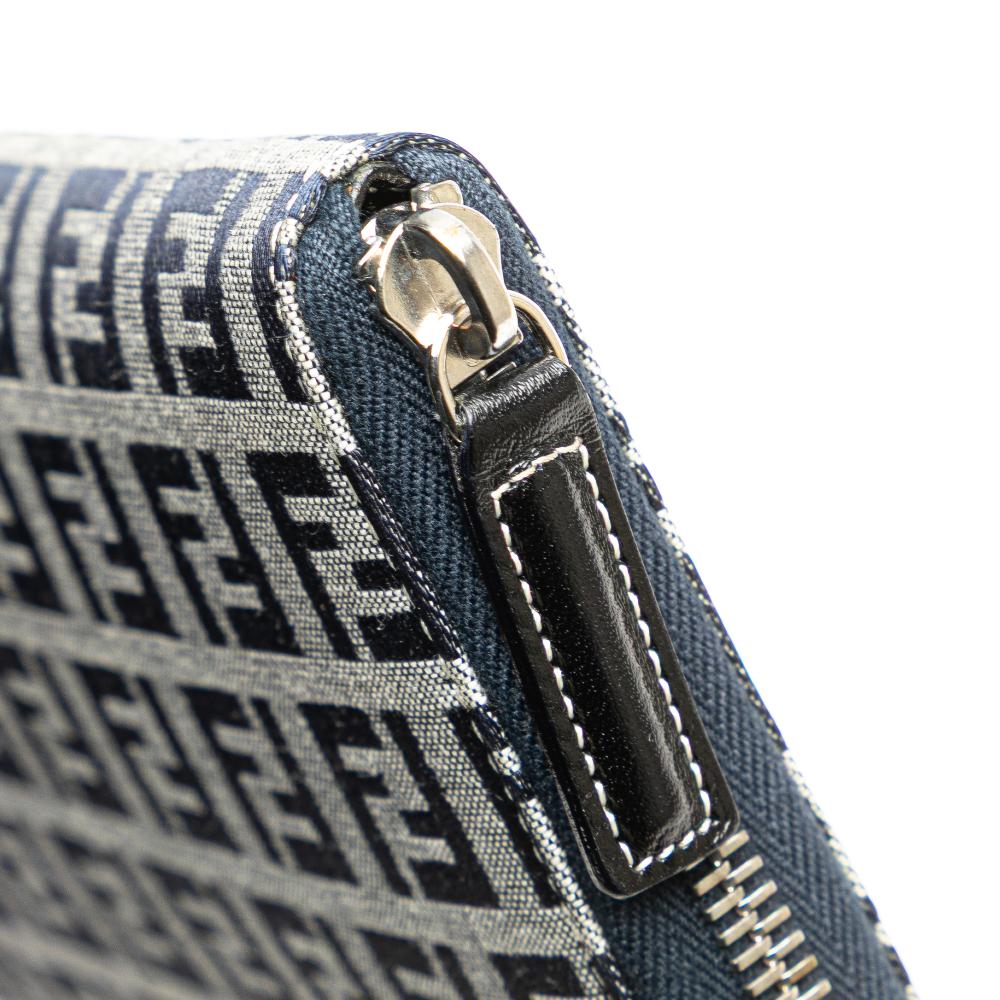 Fendi B Fendi Gray with Blue Navy Canvas Fabric Zucchino Zip Around Long Wallet Italy