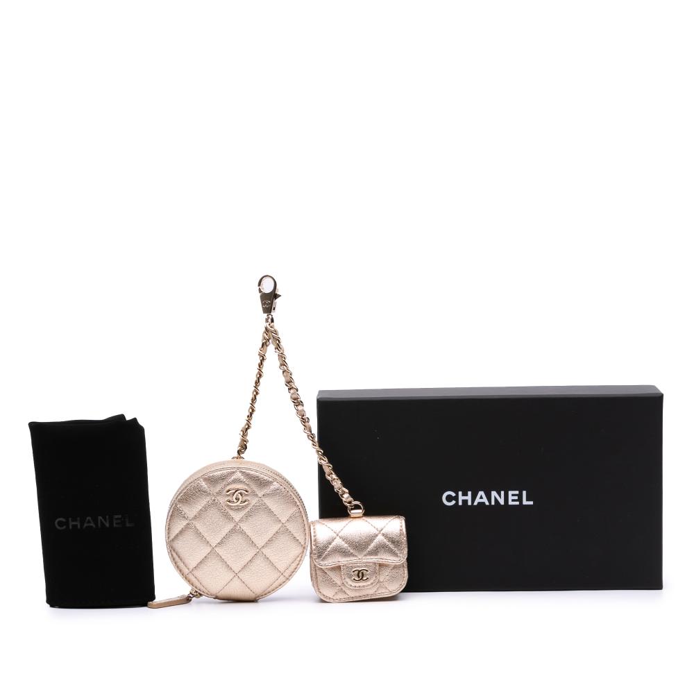 Chanel Gold Metallic Quilted Lambskin Round Clip On Coin Purse Airpods Case Italy