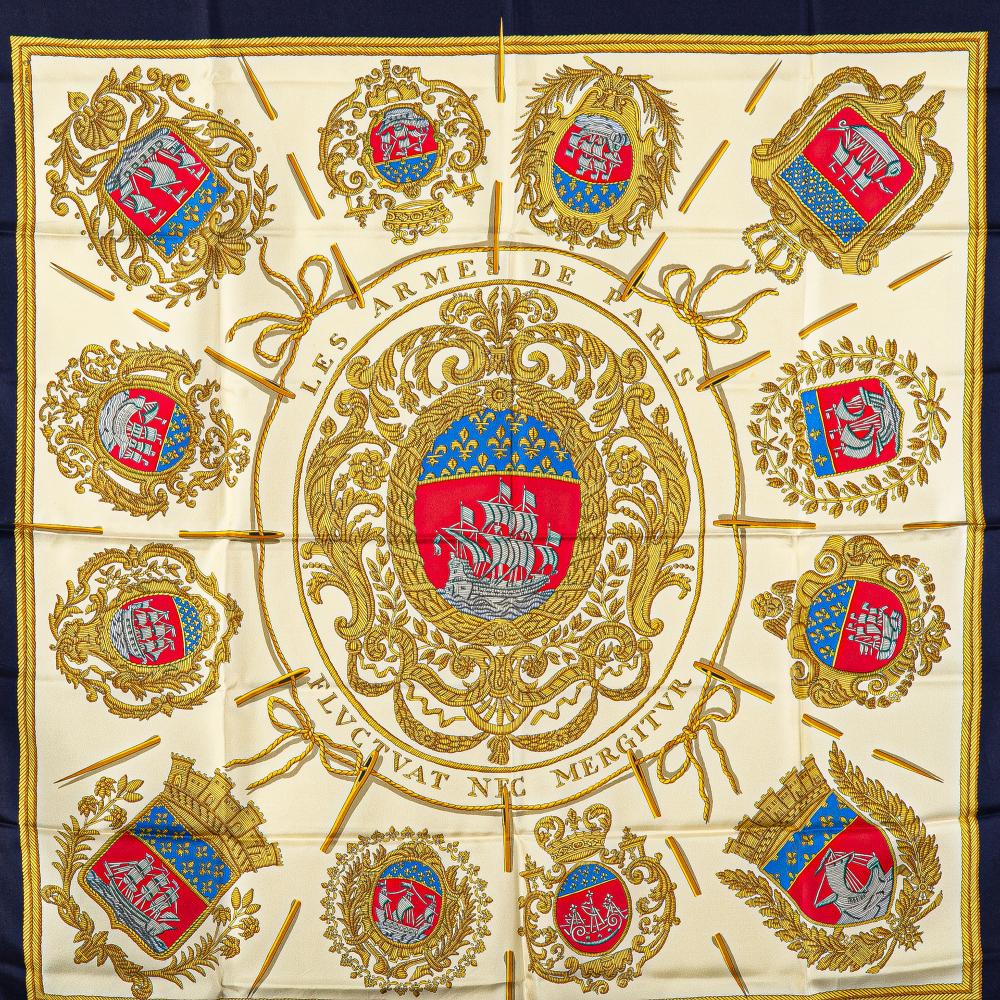 Hermès AB Hermès White Silk Fabric Les Armes de Paris Scarf France