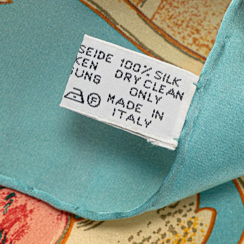 Chanel B Chanel Blue Turquoise Silk Fabric CC Floral Printed Scarf Italy