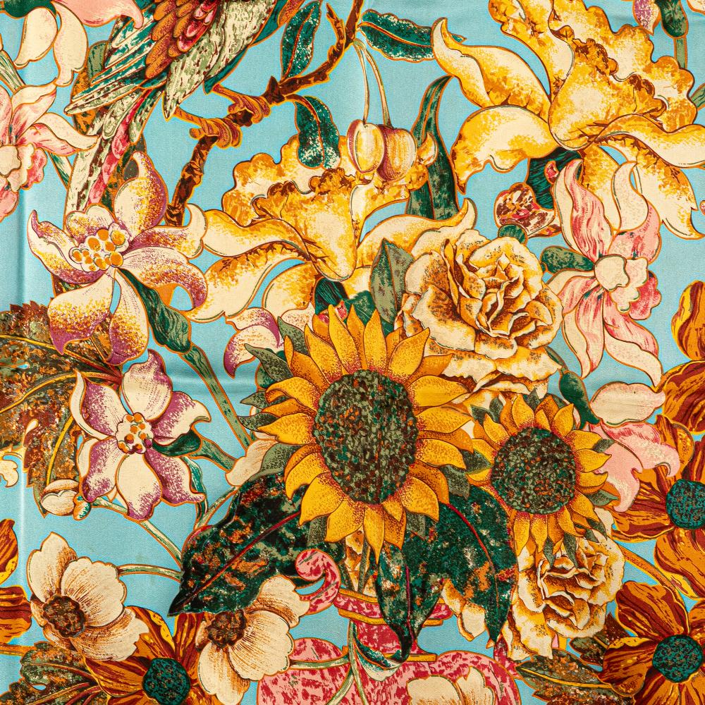 Chanel B Chanel Blue Turquoise Silk Fabric CC Floral Printed Scarf Italy