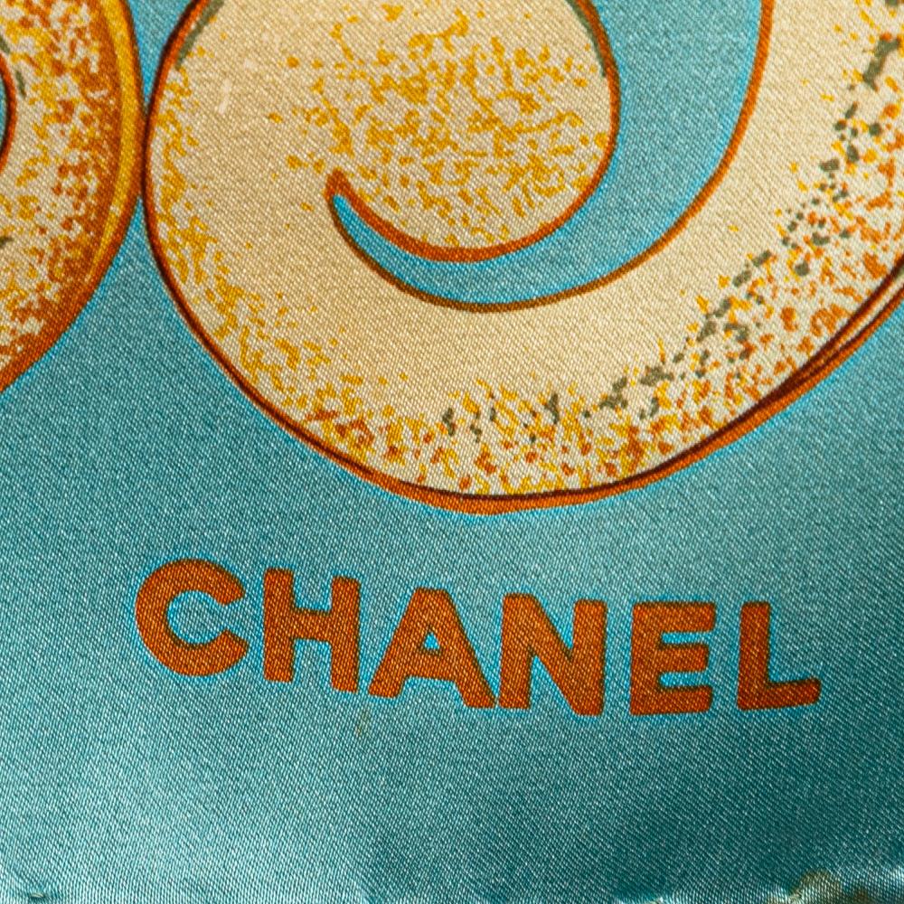 Chanel B Chanel Blue Turquoise Silk Fabric CC Floral Printed Scarf Italy