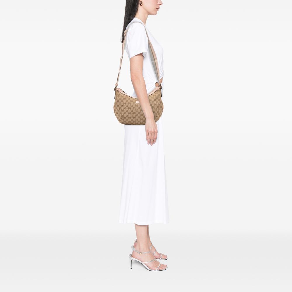 Gucci B Gucci Brown Beige Canvas Fabric GG Web Crossbody Italy