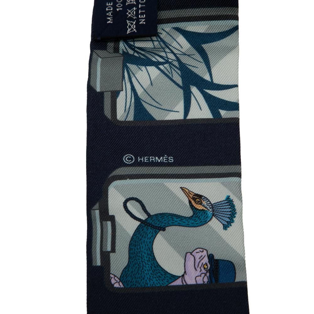 Hermès B Hermès Blue Navy Silk Fabric Story Marine Twilly Scarf France