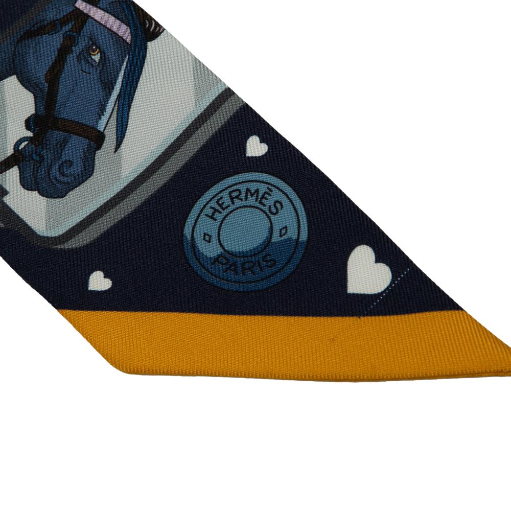 Hermès B Hermès Blue Navy Silk Fabric Story Marine Twilly Scarf France