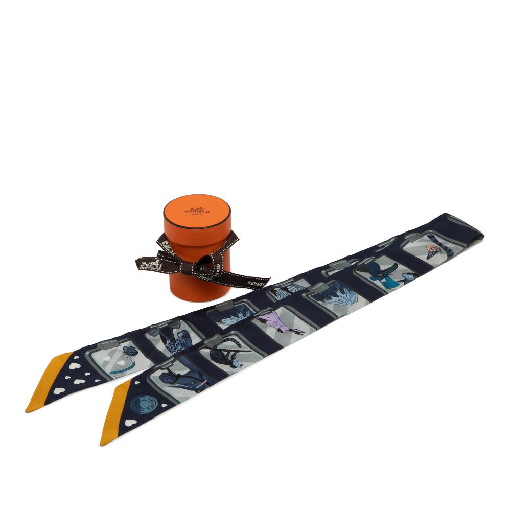 Hermès B Hermès Blue Navy Silk Fabric Story Marine Twilly Scarf France