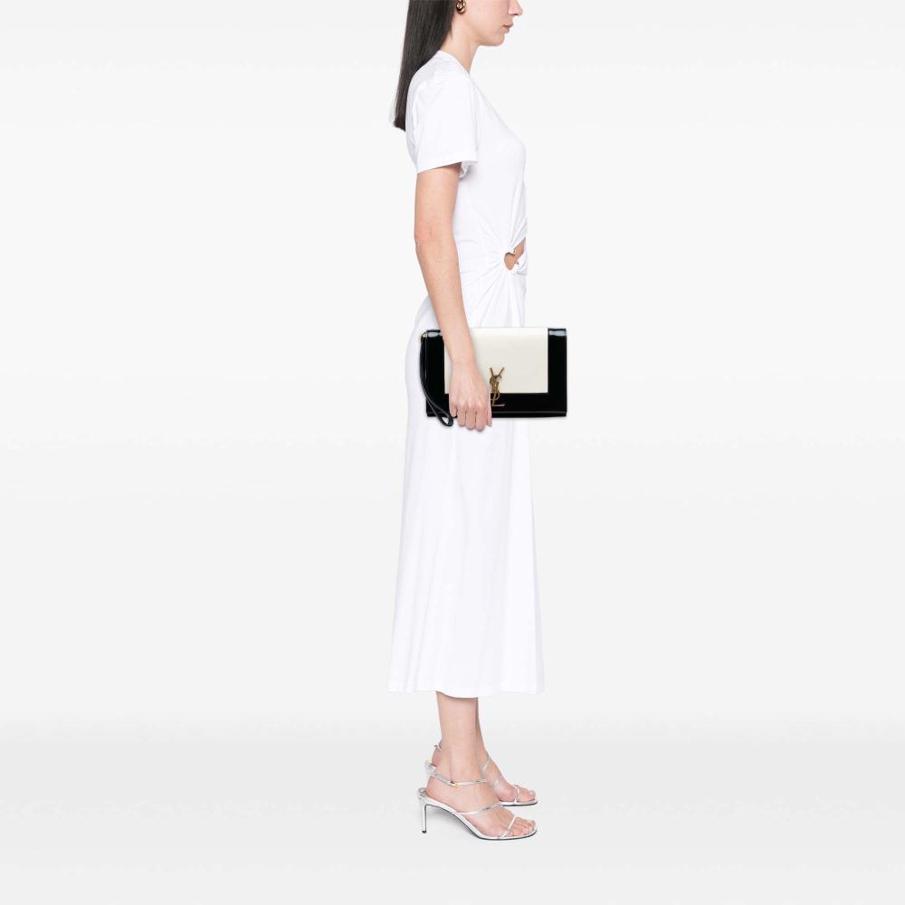 Saint Laurent White Brushed Leather Trimmed Lambskin Cassandre Flap Pouch Italy