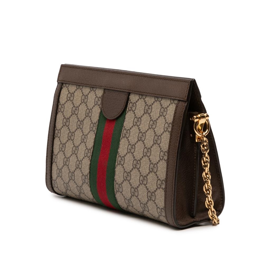 Gucci B Gucci Brown Beige Coated Canvas Fabric Small GG Supreme Web Ophidia Chain Crossbody Italy