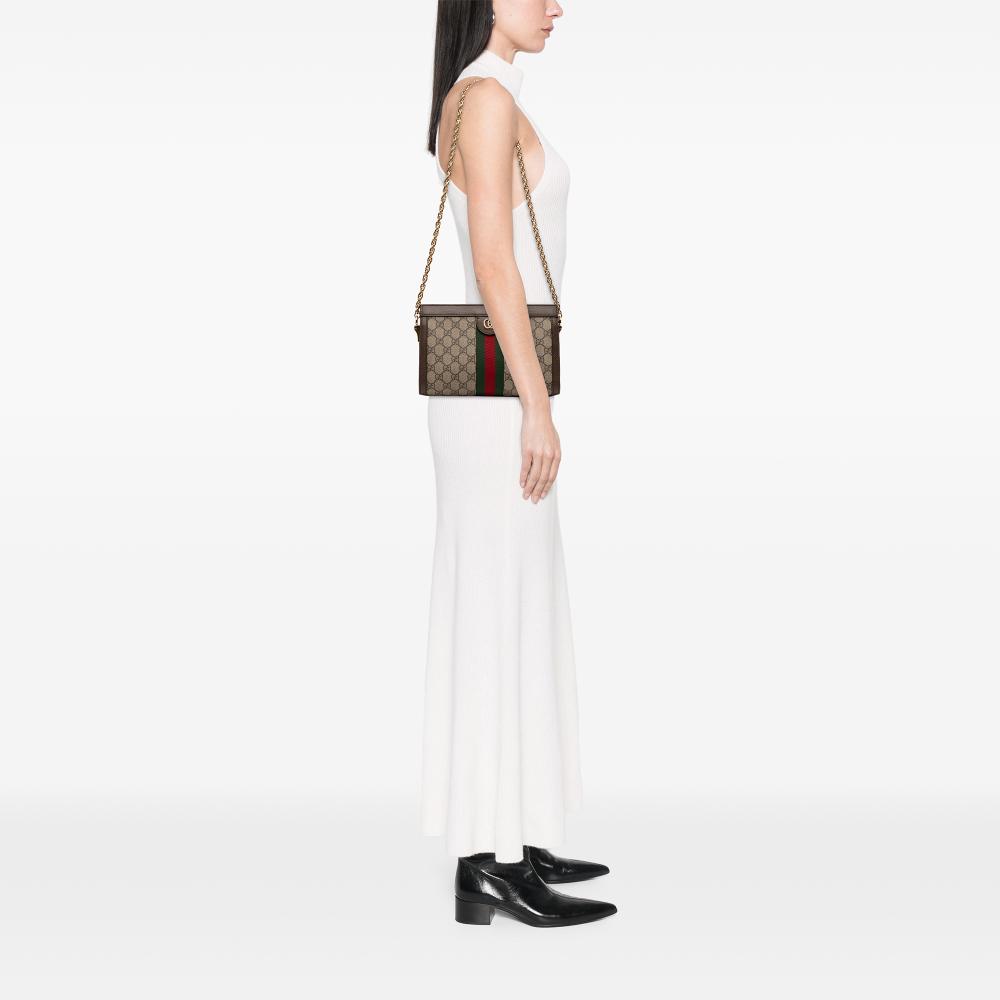 Gucci B Gucci Brown Beige Coated Canvas Fabric Small GG Supreme Web Ophidia Chain Crossbody Italy