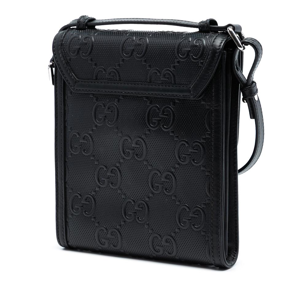 Gucci B Gucci Black Calf Leather GG Embossed Flap Crossbody Italy