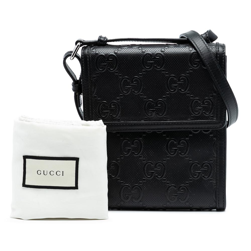 Gucci B Gucci Black Calf Leather GG Embossed Flap Crossbody Italy