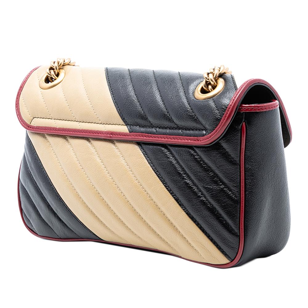 Gucci AB Gucci Black Calf Leather Medium GG Marmont Bicolor Matelasse Diagonal Torchon Shoulder Bag Italy