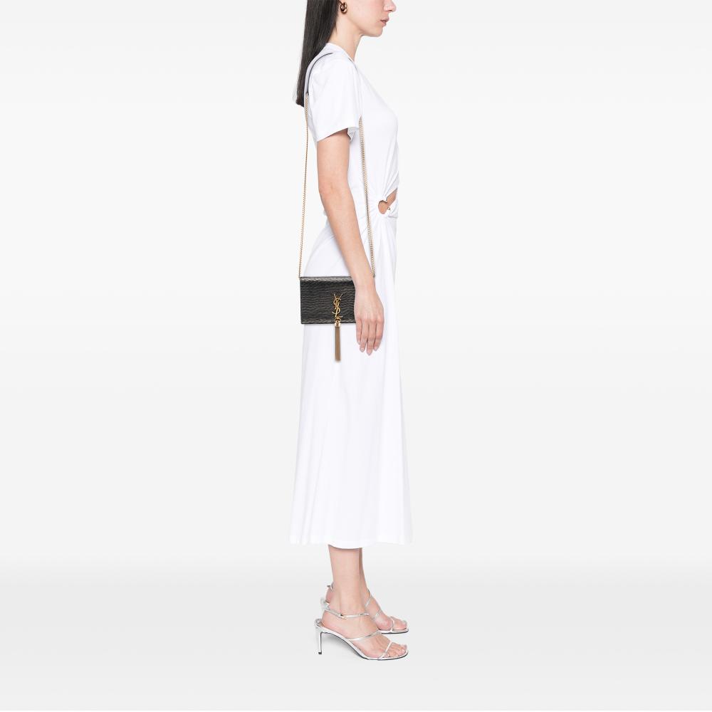 Saint Laurent AB Saint Laurent Black with Gold Suede Leather Monogram Kate Tassel Wallet on Chain Italy