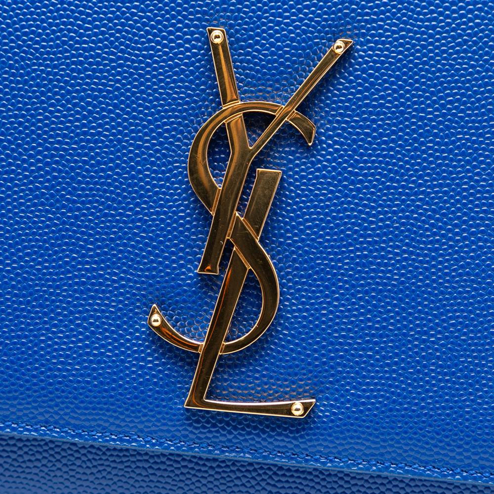 Saint Laurent AB Saint Laurent Blue Calf Leather Grain De Poudre Monogram Cassandre Clutch Italy
