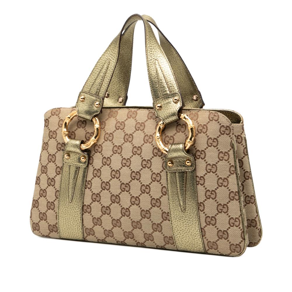 Gucci B Gucci Brown Beige Canvas Fabric GG Metal Bamboo Handbag Italy
