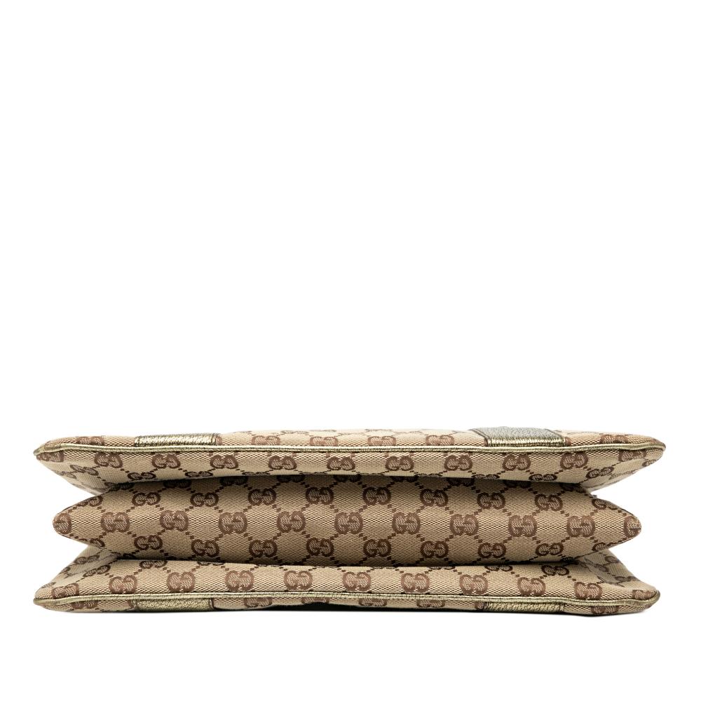 Gucci B Gucci Brown Beige Canvas Fabric GG Metal Bamboo Handbag Italy