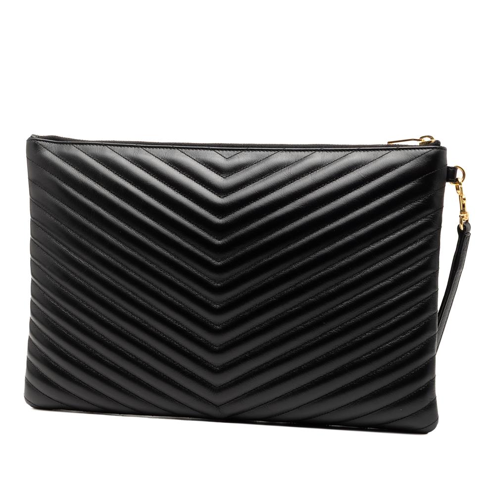 Saint Laurent AB Saint Laurent Black Calf Leather Quilted Chevron Monogram Document Holder Italy