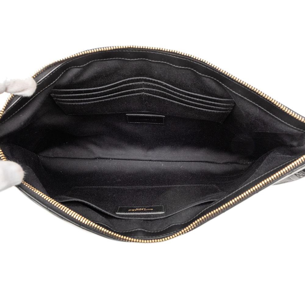 Saint Laurent AB Saint Laurent Black Calf Leather Quilted Chevron Monogram Document Holder Italy