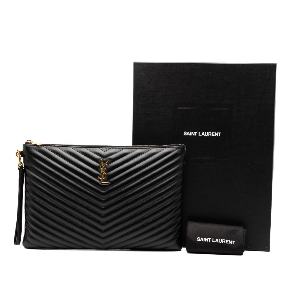 Saint Laurent AB Saint Laurent Black Calf Leather Quilted Chevron Monogram Document Holder Italy