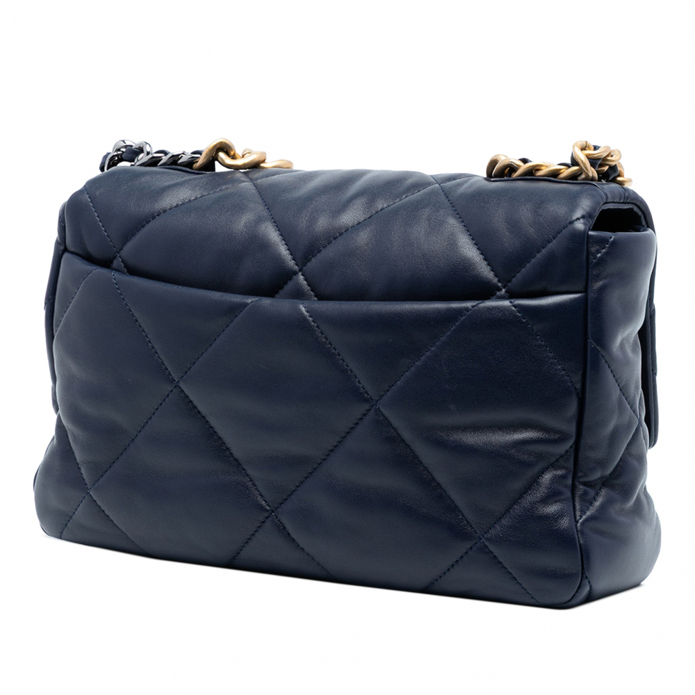 Chanel 19 Large Lambskin Leather Matelassè Flap Handbag Blue