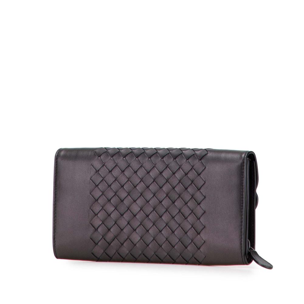 Bottega Veneta Black Nappa Intrecciato Grommet Scalloped Edge Long Wallet Italy