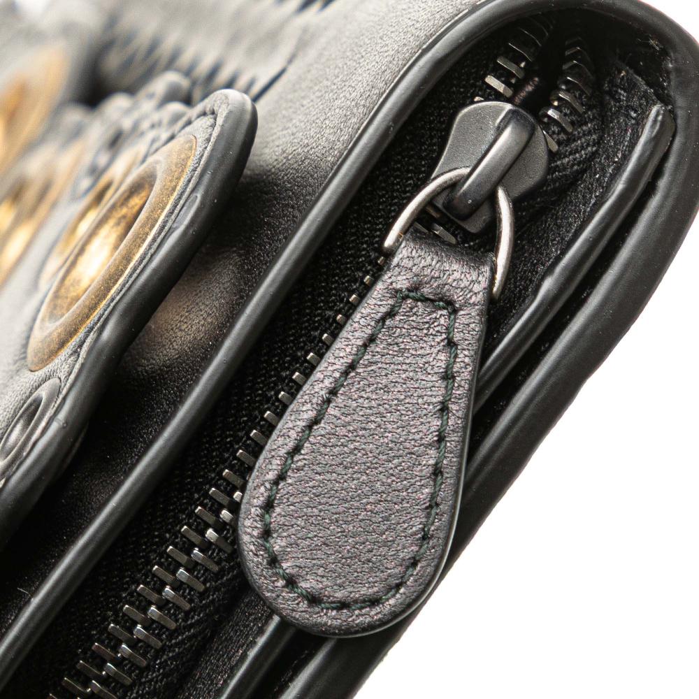 Bottega Veneta Black Nappa Intrecciato Grommet Scalloped Edge Long Wallet Italy