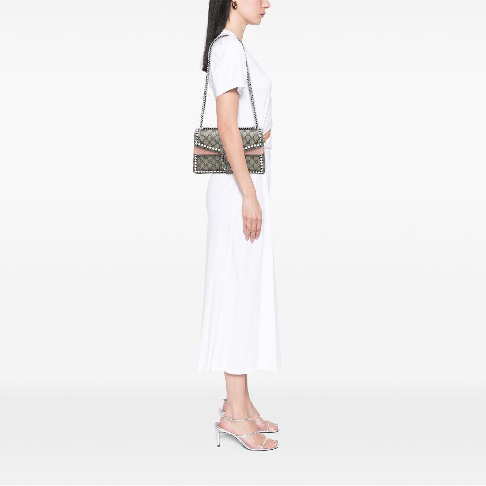 Gucci B Gucci Brown Beige Coated Canvas Fabric Medium GG Supreme Crystal Dionysus Shoulder Bag Italy