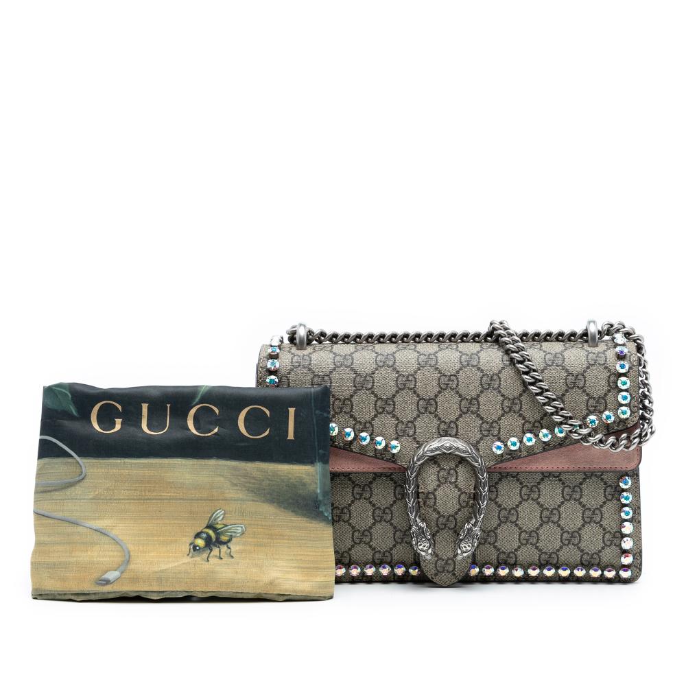 Gucci B Gucci Brown Beige Coated Canvas Fabric Medium GG Supreme Crystal Dionysus Shoulder Bag Italy