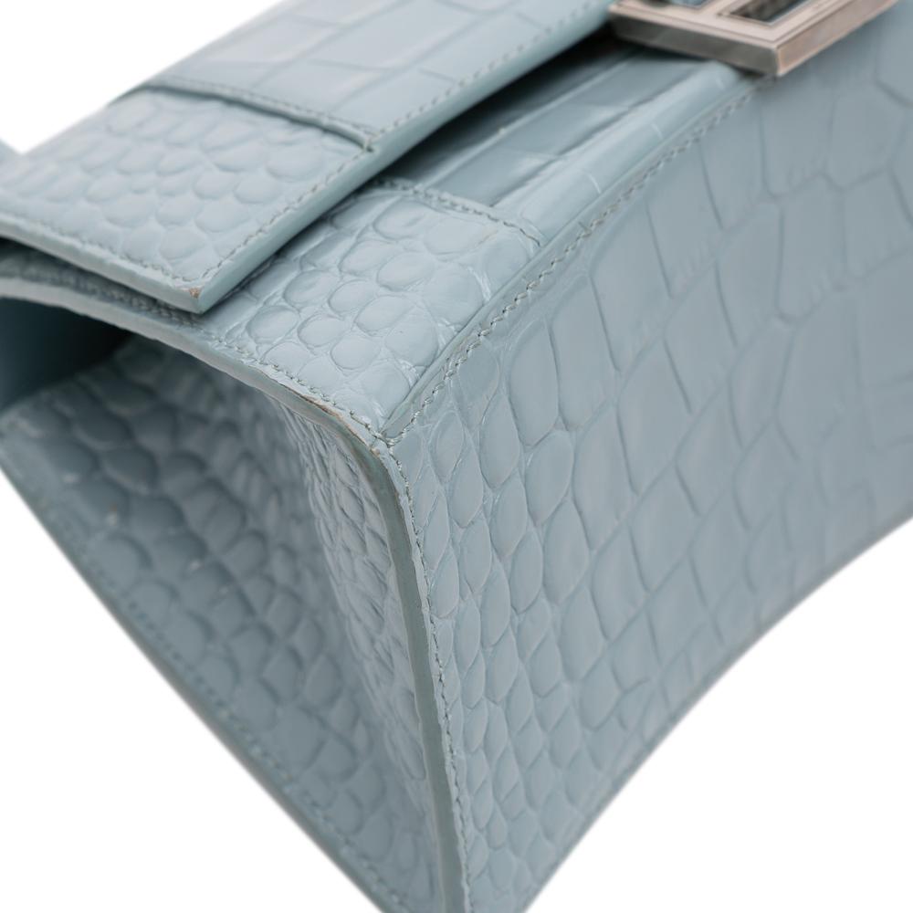 Balenciaga B Balenciaga Blue Denim Calf Leather Small Croc Embossed Hourglass Top Handle Bag Italy