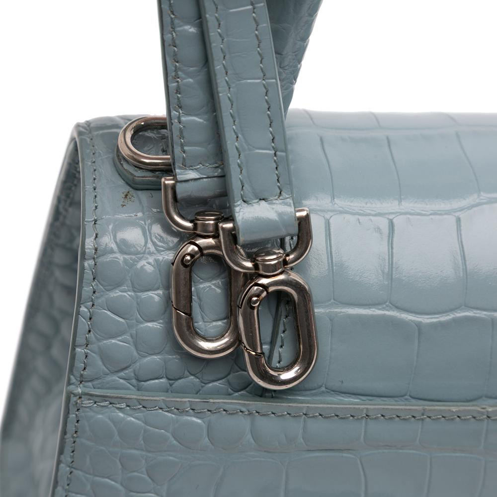 Balenciaga B Balenciaga Blue Denim Calf Leather Small Croc Embossed Hourglass Top Handle Bag Italy