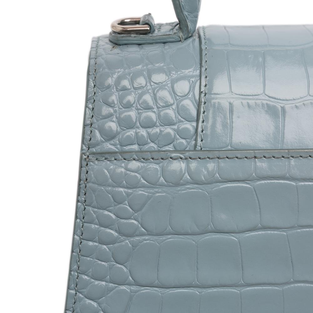 Balenciaga B Balenciaga Blue Denim Calf Leather Small Croc Embossed Hourglass Top Handle Bag Italy