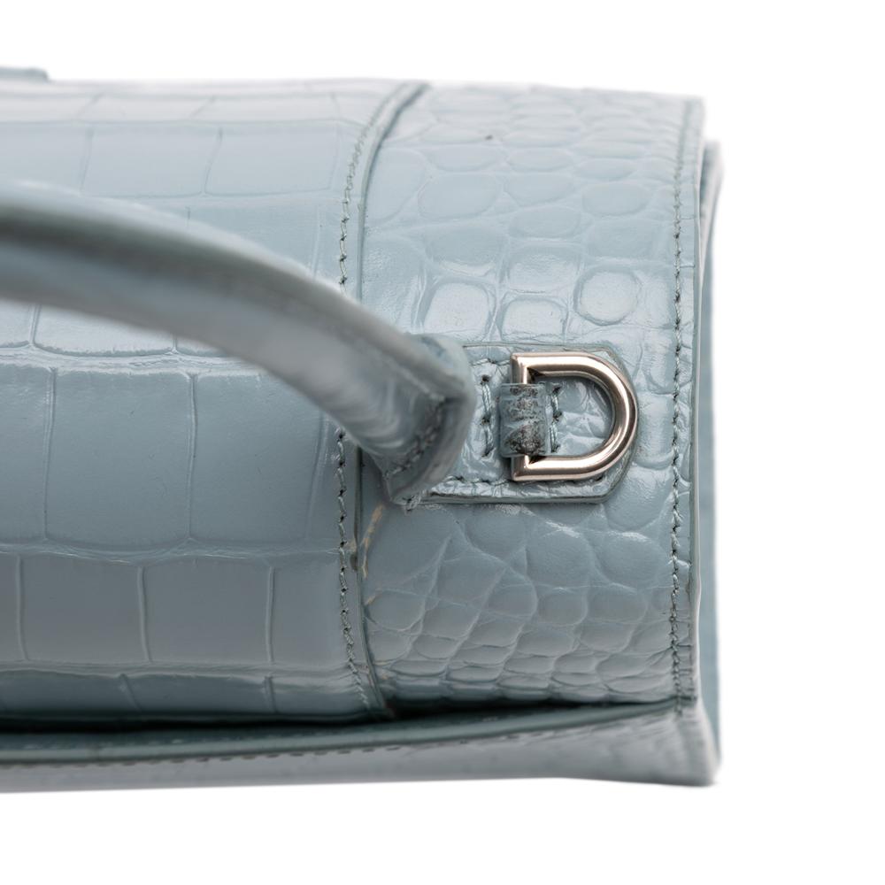 Balenciaga B Balenciaga Blue Denim Calf Leather Small Croc Embossed Hourglass Top Handle Bag Italy