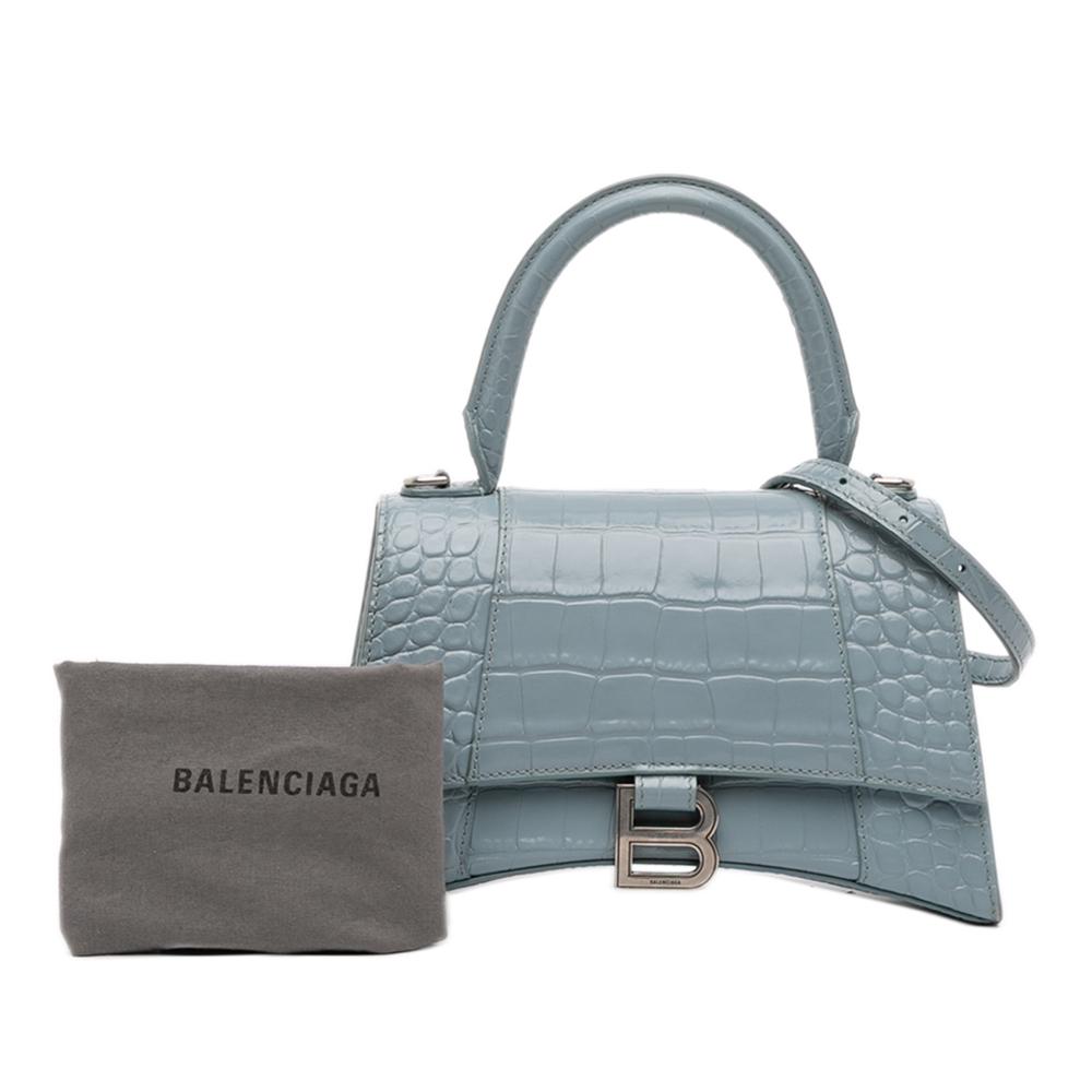 Balenciaga B Balenciaga Blue Denim Calf Leather Small Croc Embossed Hourglass Top Handle Bag Italy