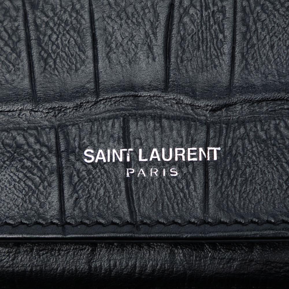 Saint Laurent B Saint Laurent Black Calf Leather Croc Embossed Wallet On Chain Italy