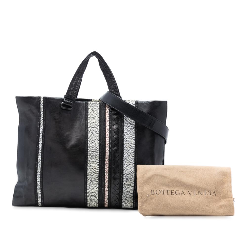 Bottega Veneta B Bottega Veneta Black Nappa Leather Leather Intrecciato Trimmed Nappa Vertical Stripe Tote Italy